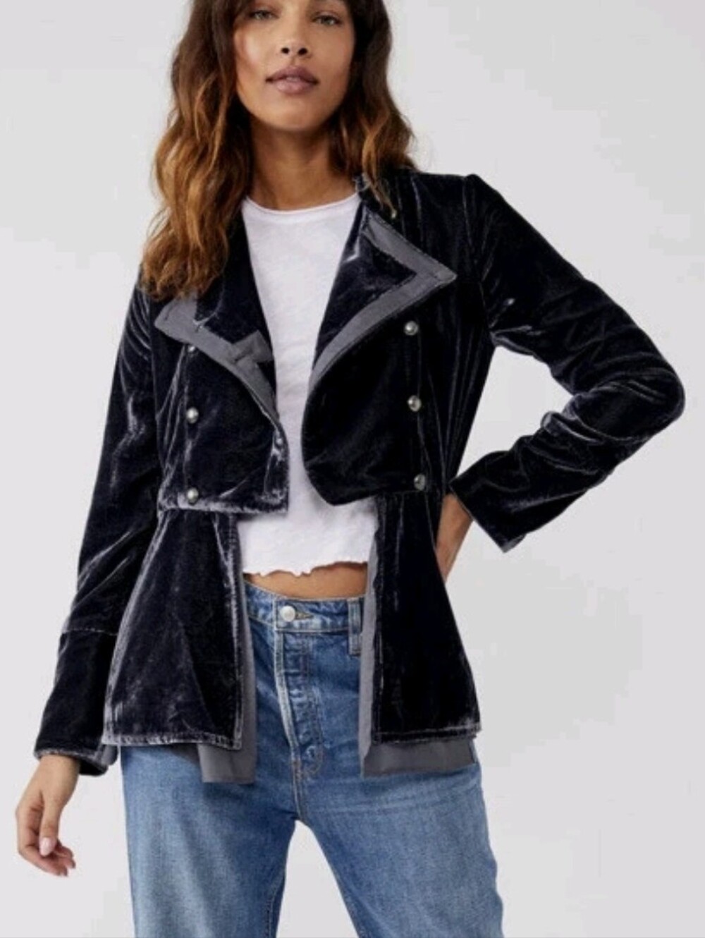 Free People Black Velvet Faye Military Jacket